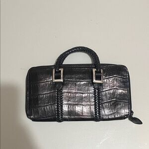 Brighton Black Croc Embossed Leather Zip Wallet Mini Handbag Braided Handles